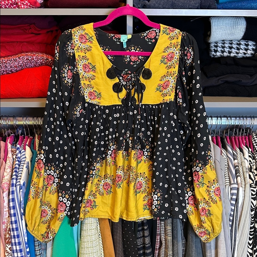 Farm Rio black/yellow/pink floral long ballon sleeve front tassel tie blouse XS
